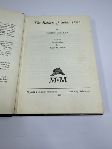 August Derleth The Return of Solar Pons 1958 HCDJ First Edition 1st Printing VG