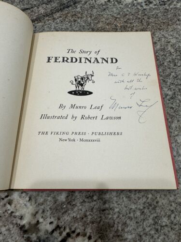 SIGNED Munro Leaf The Story of Ferdinand 1936 HCDJ First Edition 1938 Printing